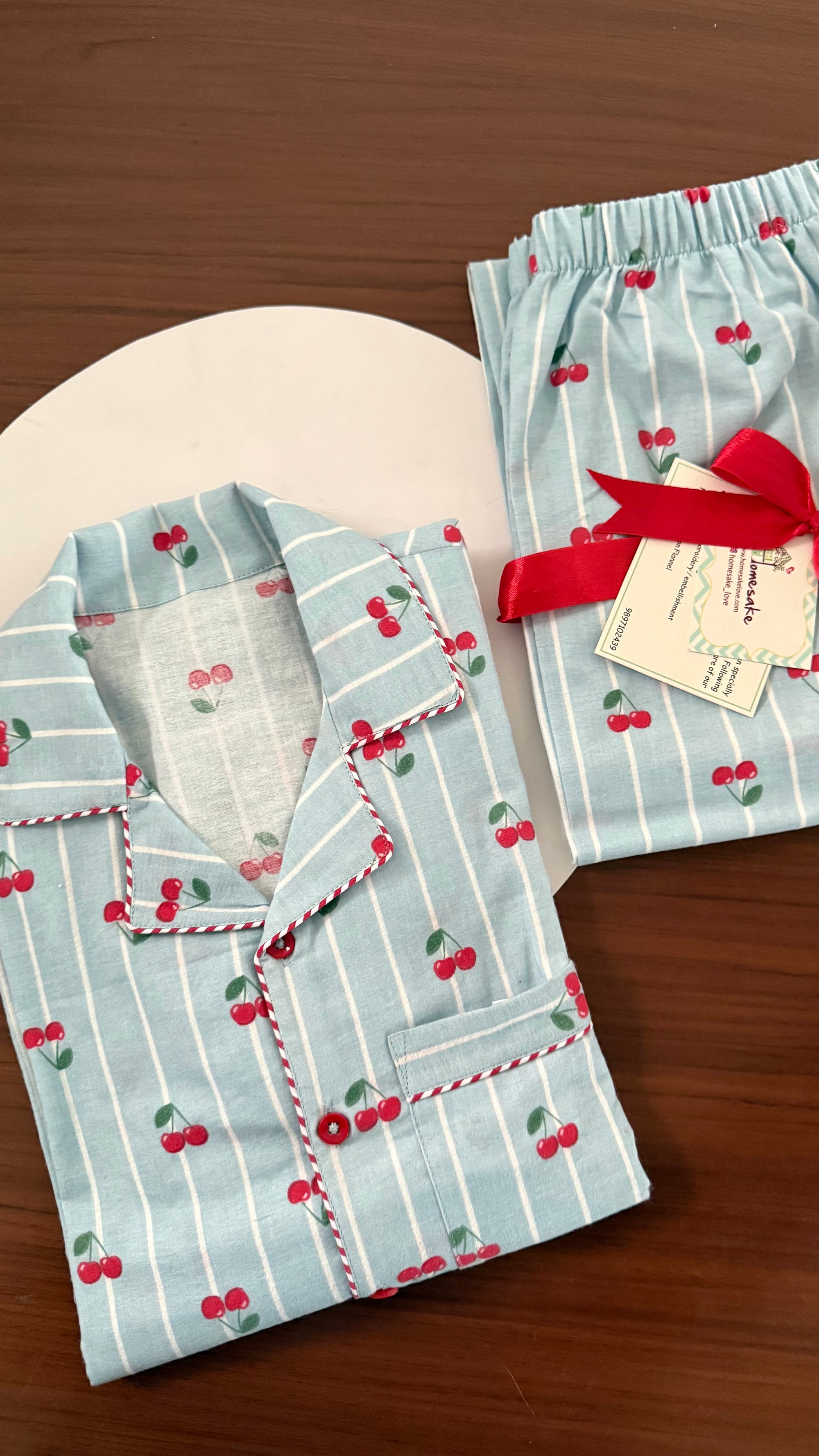 Sky Blue Cherry Flannel Nightwear