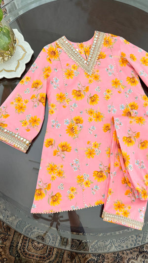 Peach Sunflower Girls Kurta Set.