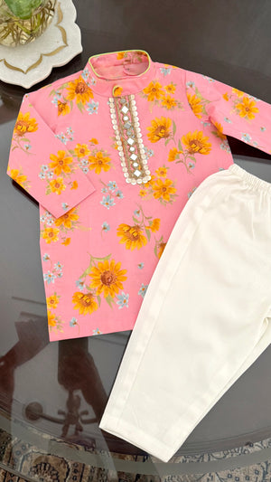 Peach Sunflower Boys Kurta Set