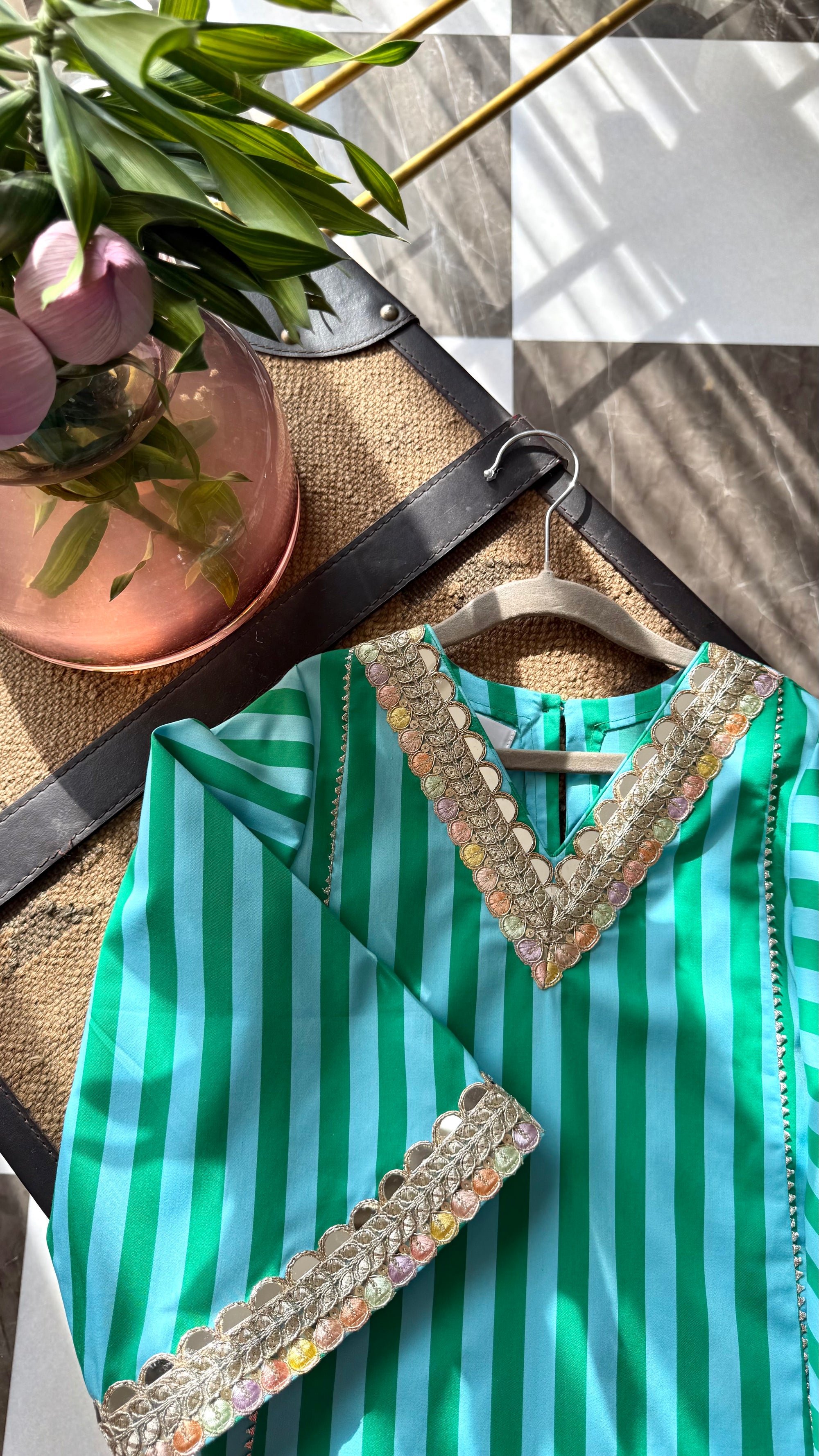 Peacock Stripe Girls Kurta Pyjama Set