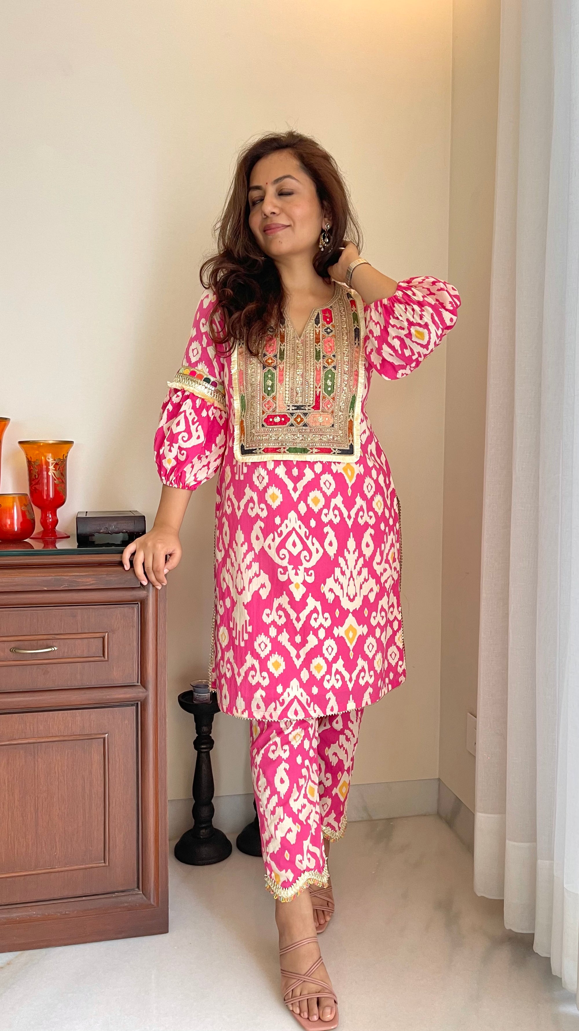Pink Ikat Yoke Kurta Set