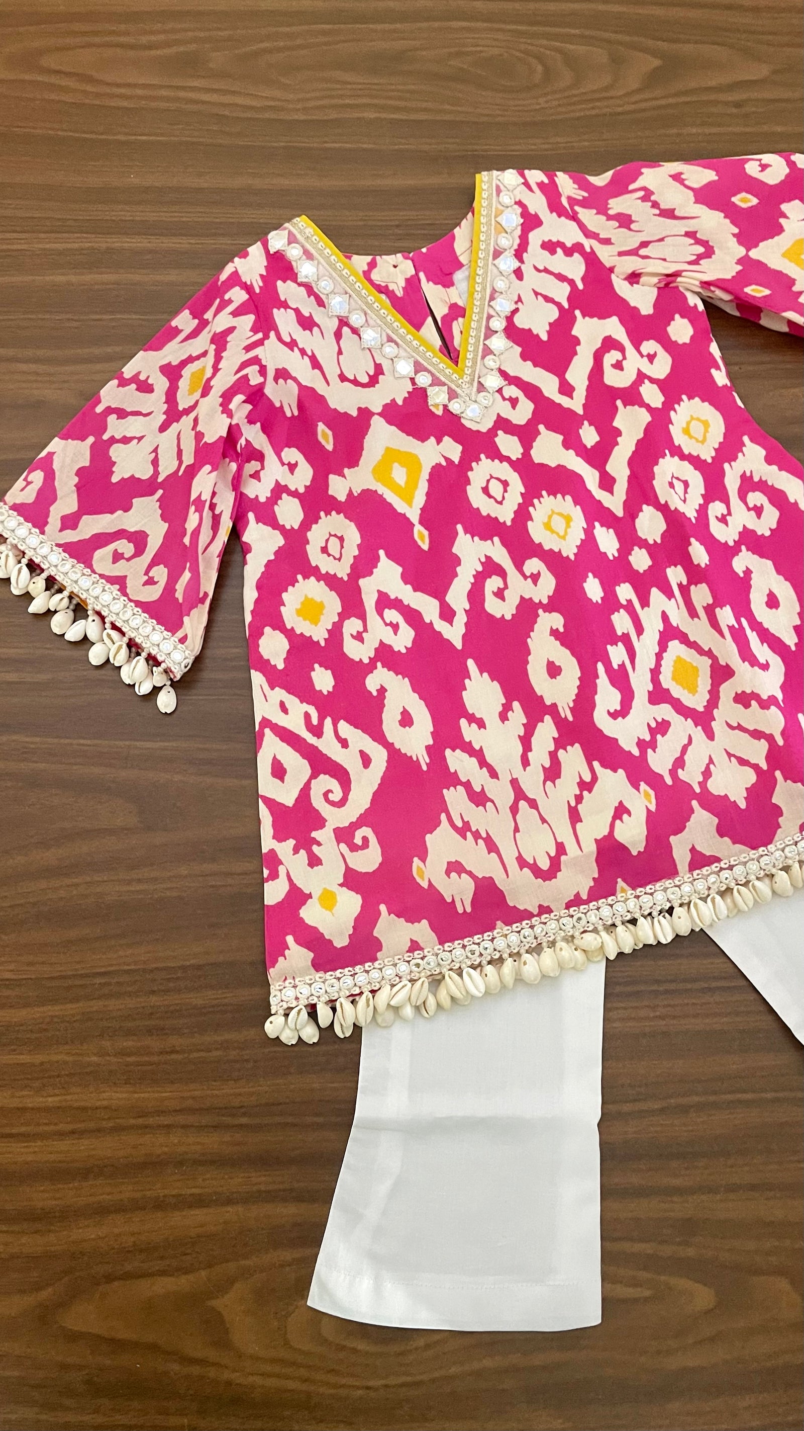 Pink Ikat Seashells Girls Kurta Set