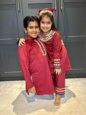 Laila Maroon Girls Velvet Kurta Set