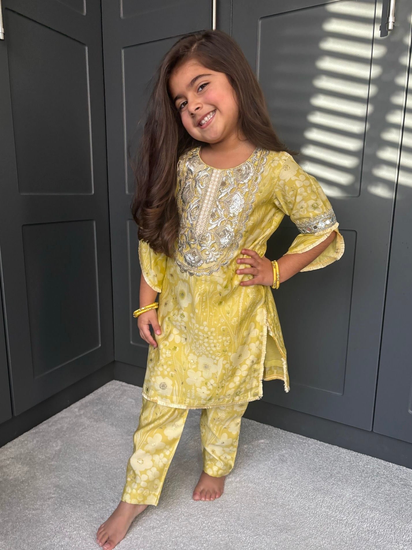 Yellow Cascading Florals Girls Kurta Set.