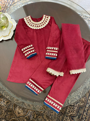 Laila Maroon Girls Velvet Kurta Set