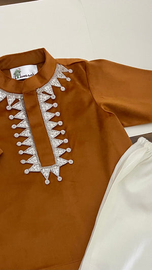 ‘Saanjh’ Orange Velvet Boys Kurta set