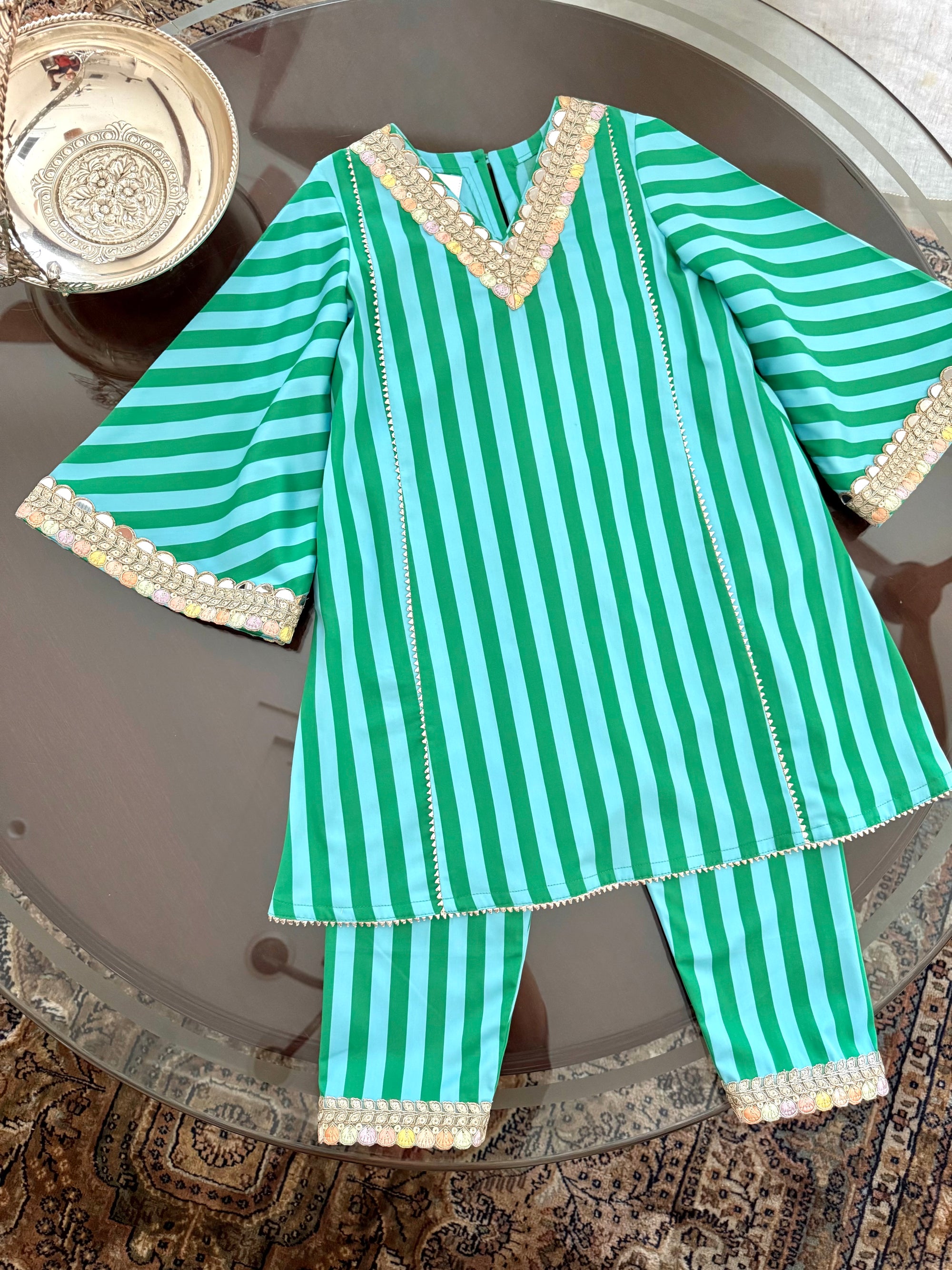 Peacock Stripe Girls Kurta Pyjama Set