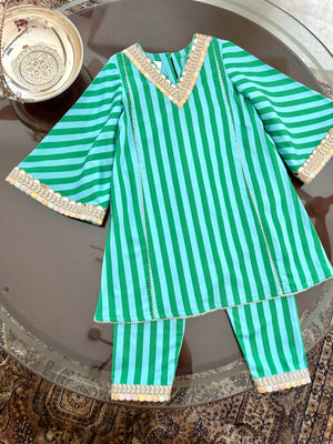 Peacock Stripe Girls Kurta Pyjama Set