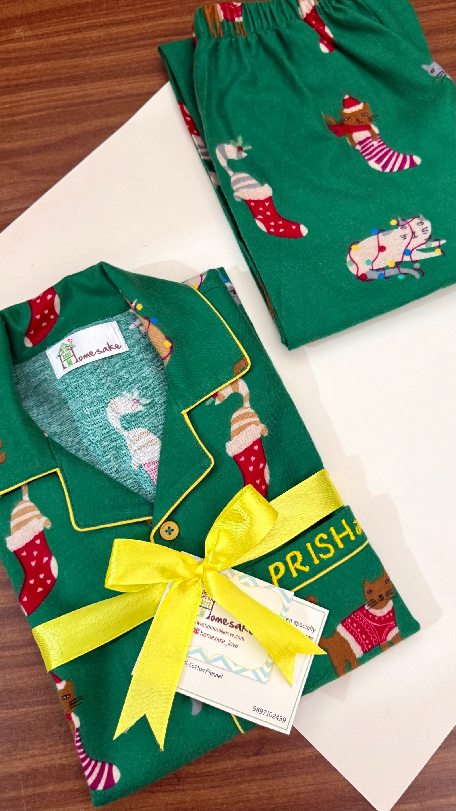 Green Cat Lady Flannel Nightwear