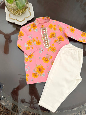 Peach Sunflower Boys Kurta Set