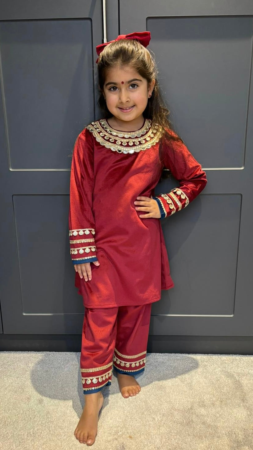 Laila Maroon Girls Velvet Kurta Set