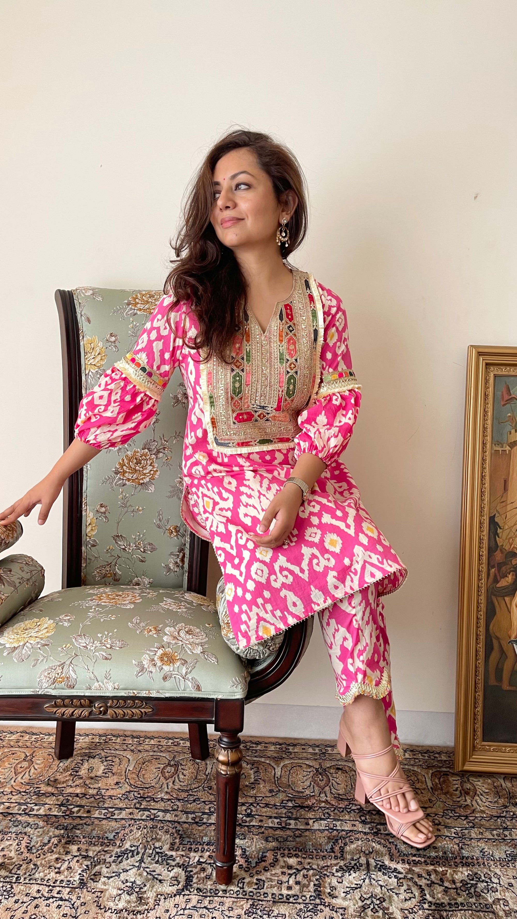 Pink Ikat Yoke Kurta Set