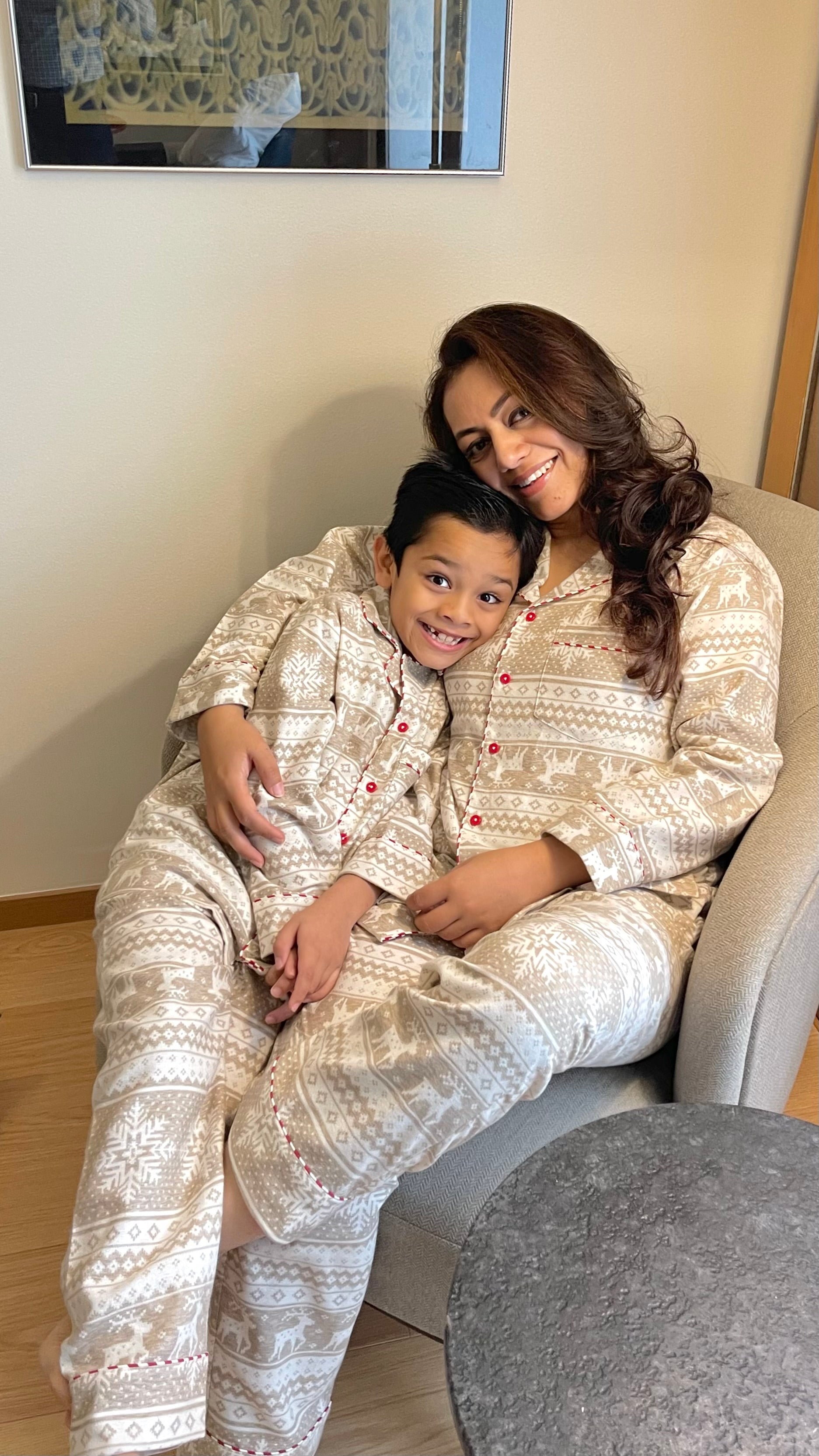 Surbhi’s Beige Reindeer Flannel Nightwear