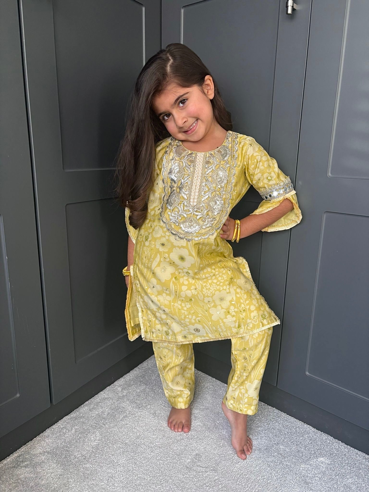 Yellow Cascading Florals Girls Kurta Set.