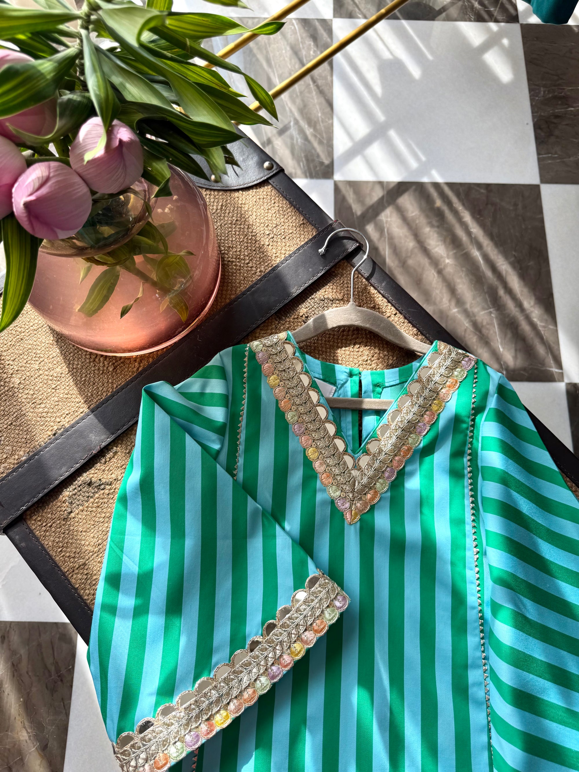 Peacock Stripe Girls Kurta Pyjama Set