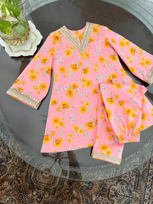 Peach Sunflower Girls Kurta Set.