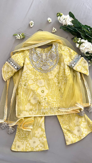 Yellow Cascading Florals Girls Kurta Set.