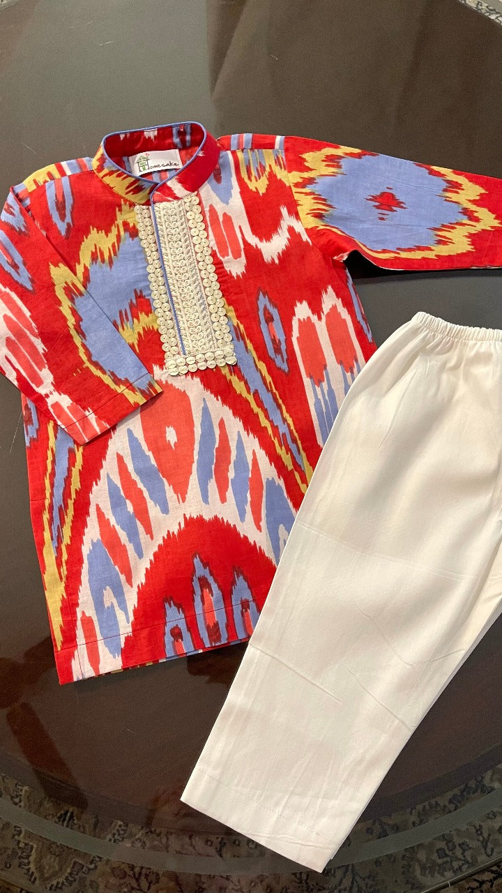 Red Ikat Boys Kurta Set