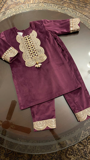 Plum Velvet Girls Kurta Set