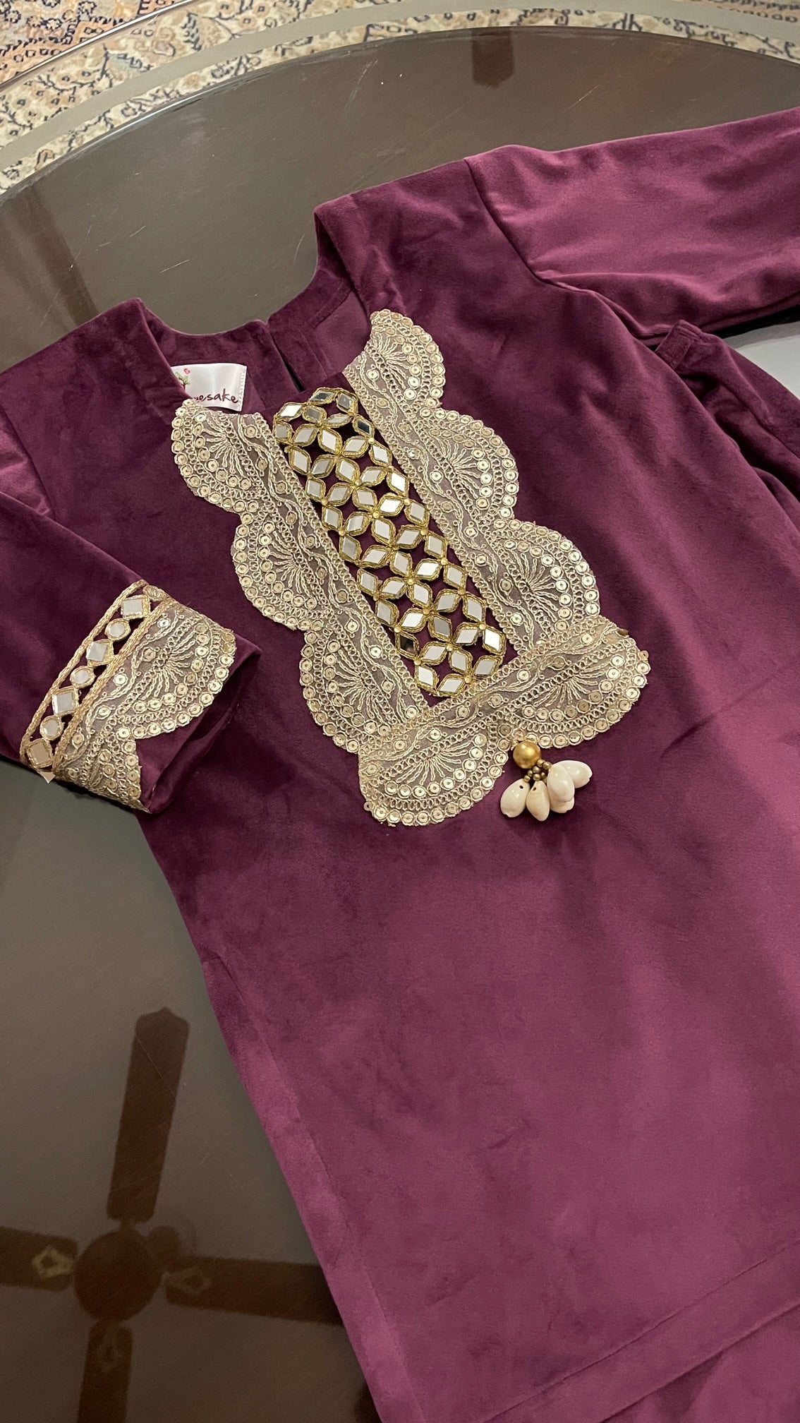 Plum Velvet Girls Kurta Set