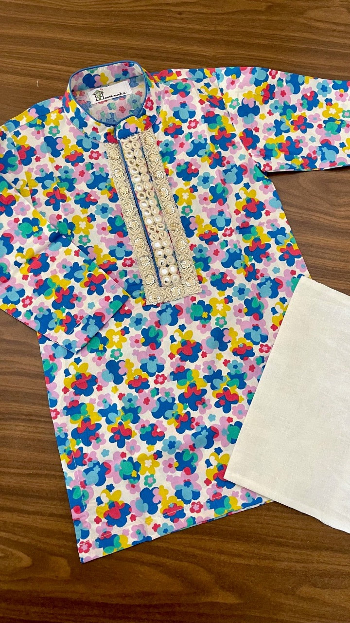 Blue Floral Boys Kurta Set