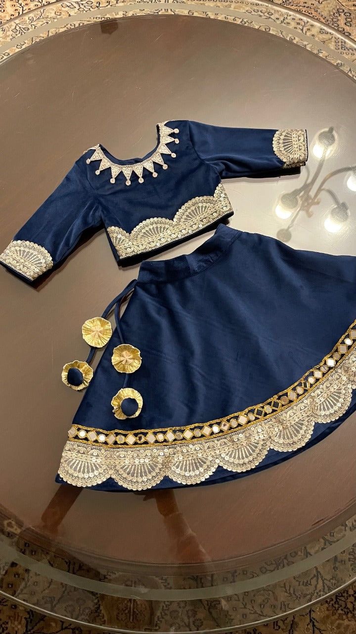 Navy Blue Velvet Girls Lehenga Set