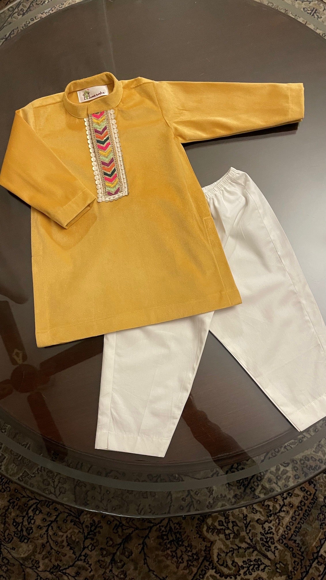 Yellow Velvet Boys Kurta Set