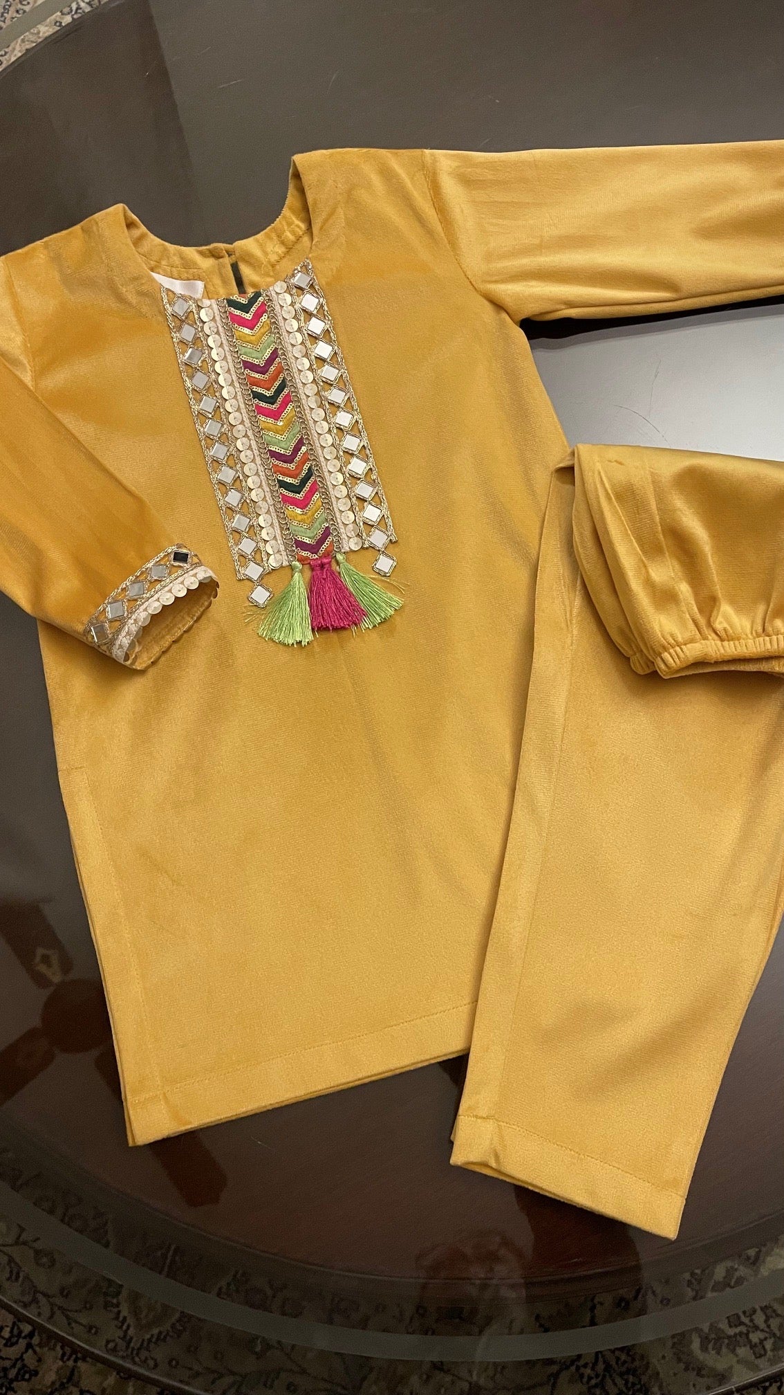 Yellow Velvet Girls Kurta Set