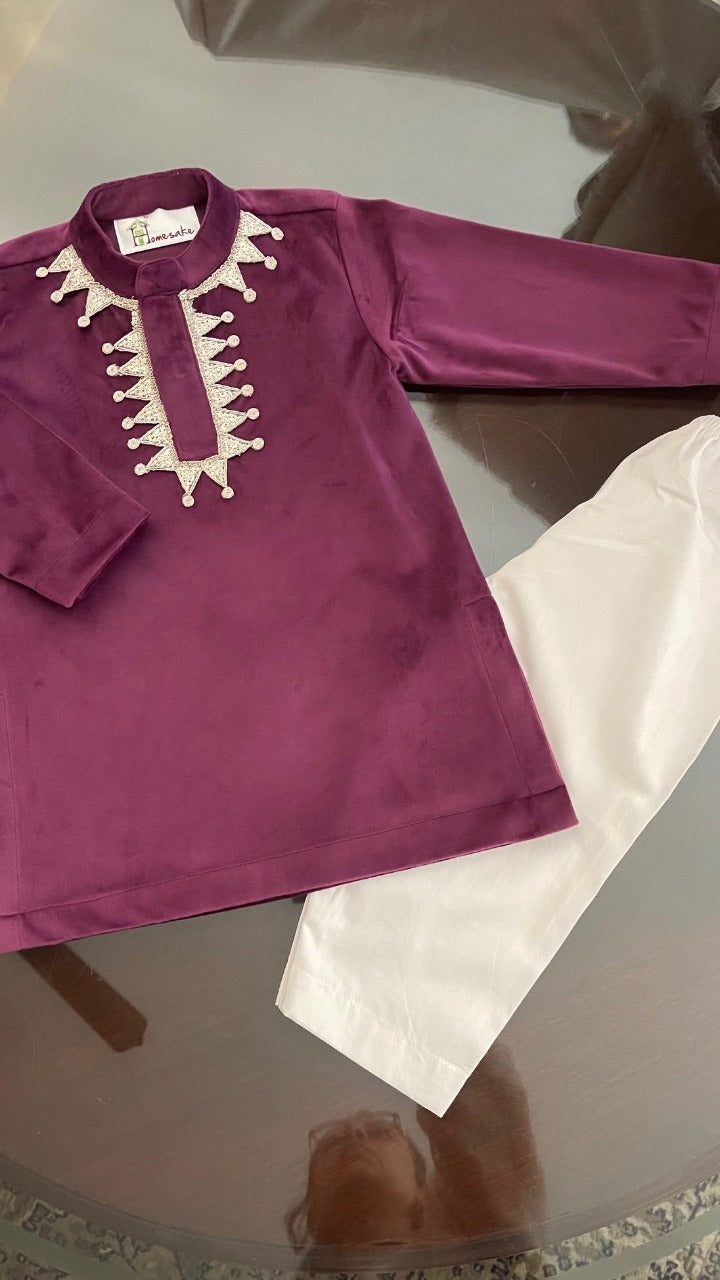 Plum Velvet Boys Kurta Set